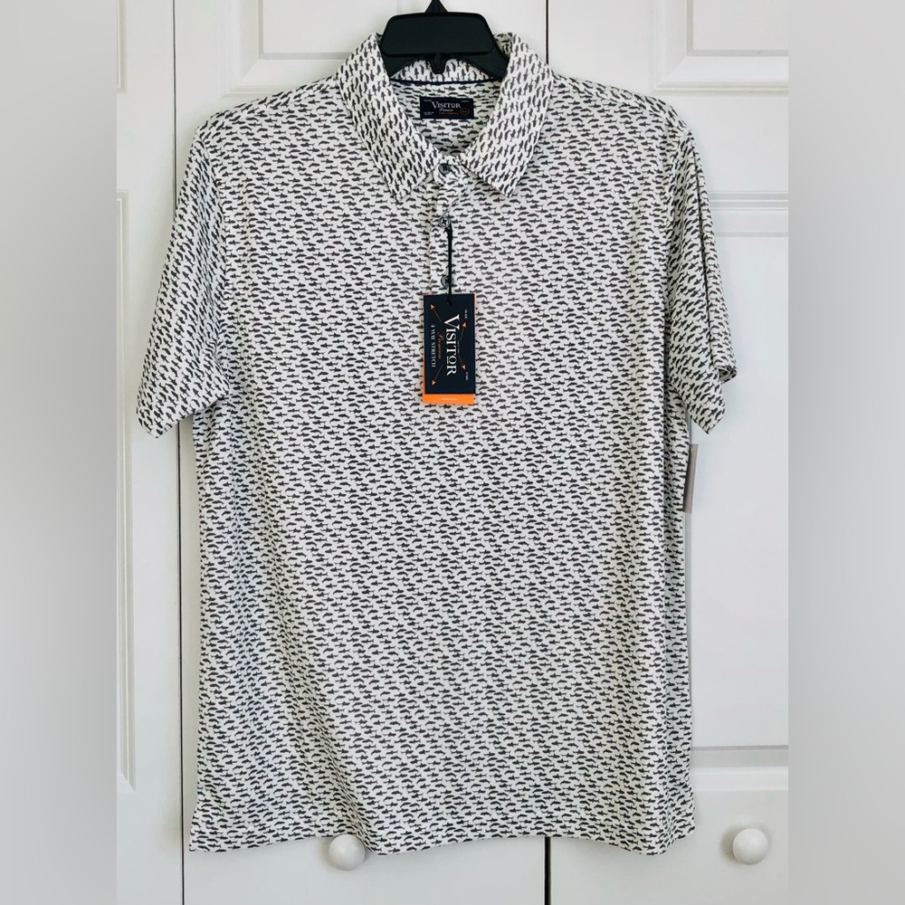 Visitor Premium Men's Polo Shark Print Size XL 4 Strech Easy Care Short Sleeves